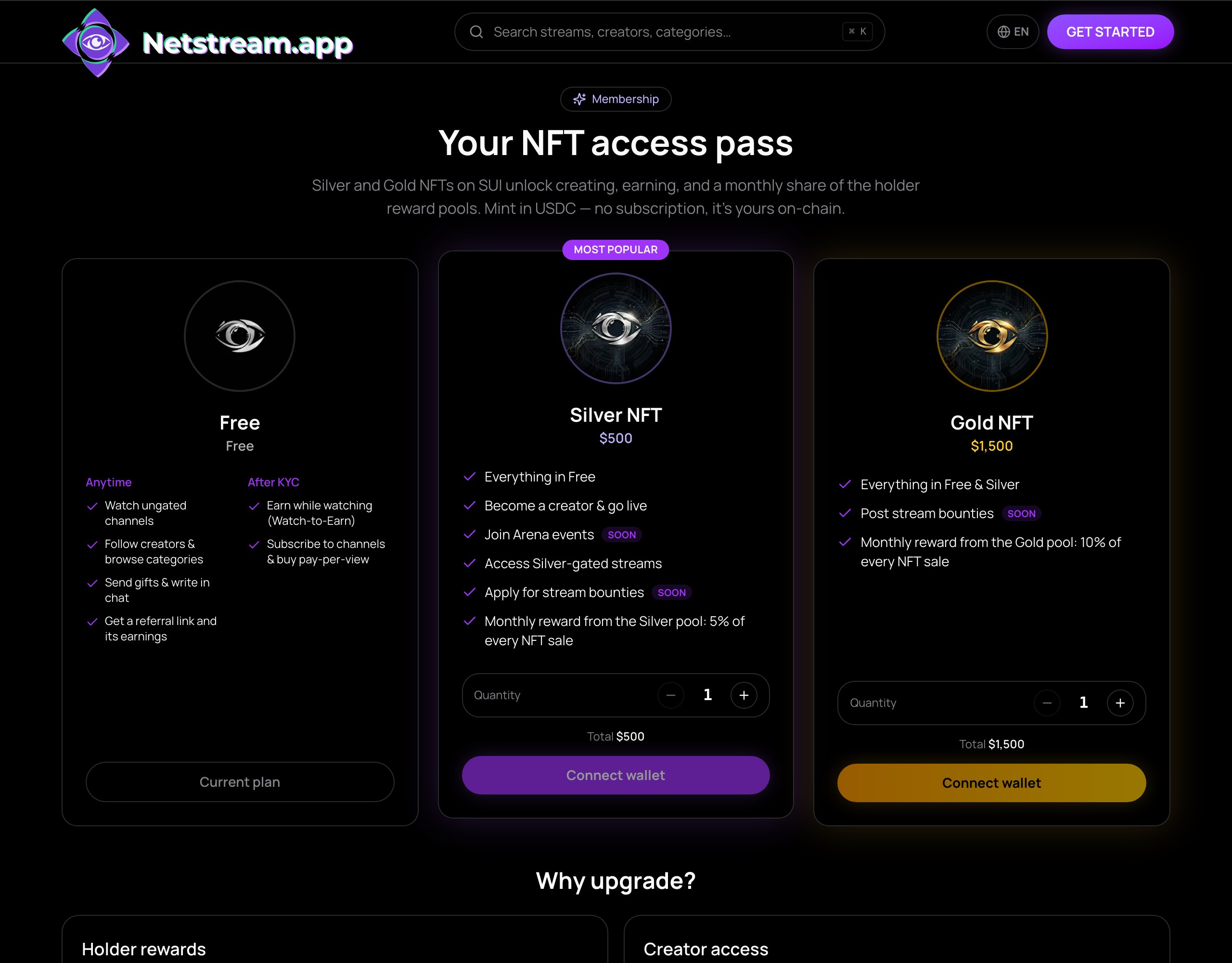 The Membership page with its three cards