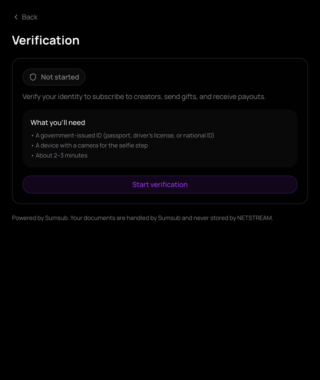 The Verification page before the check, with What you'll need and Start verification