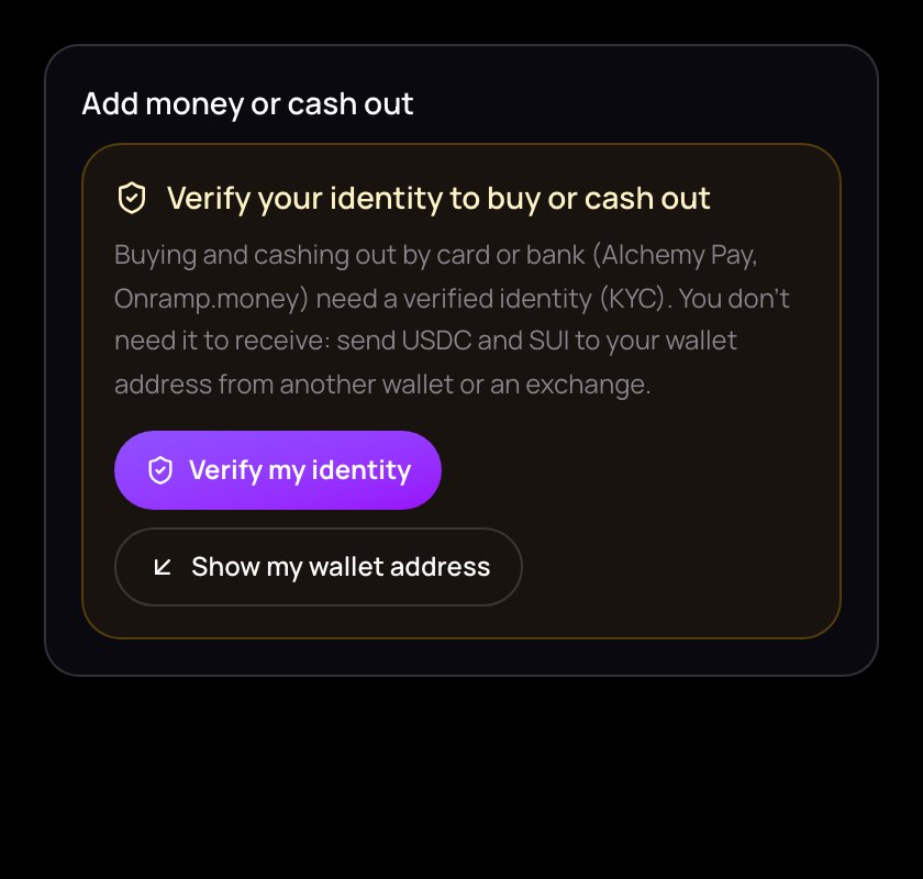 Add money or cash out before the identity check, with Verify my identity and Show my wallet address