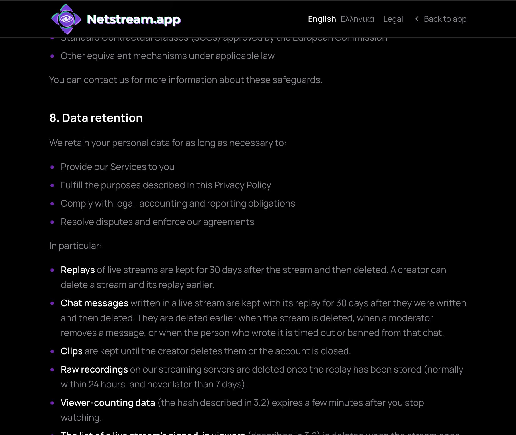 The Data retention section of the Privacy Policy