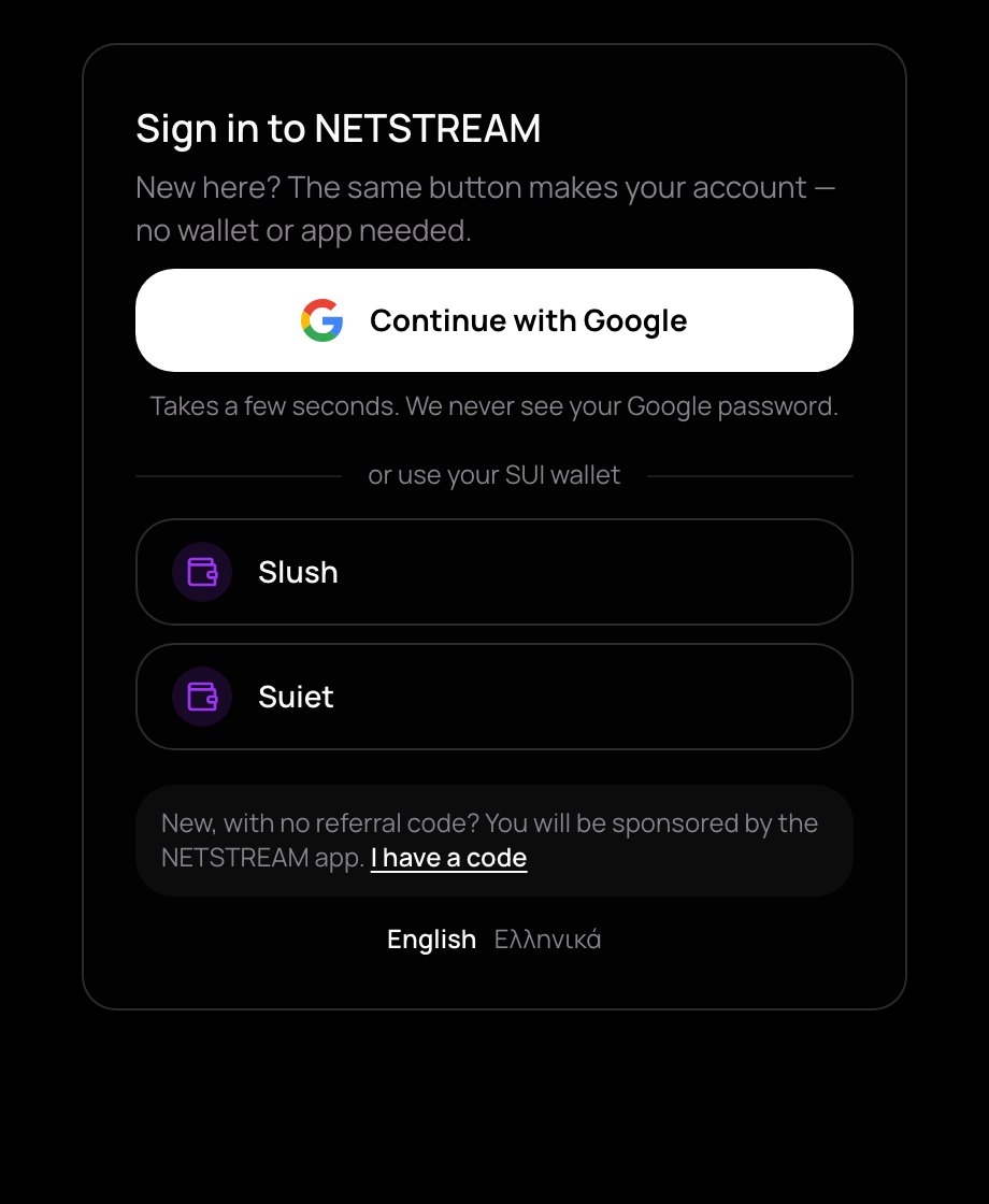 The sign-in box with Continue with Google and a list of Sui wallets