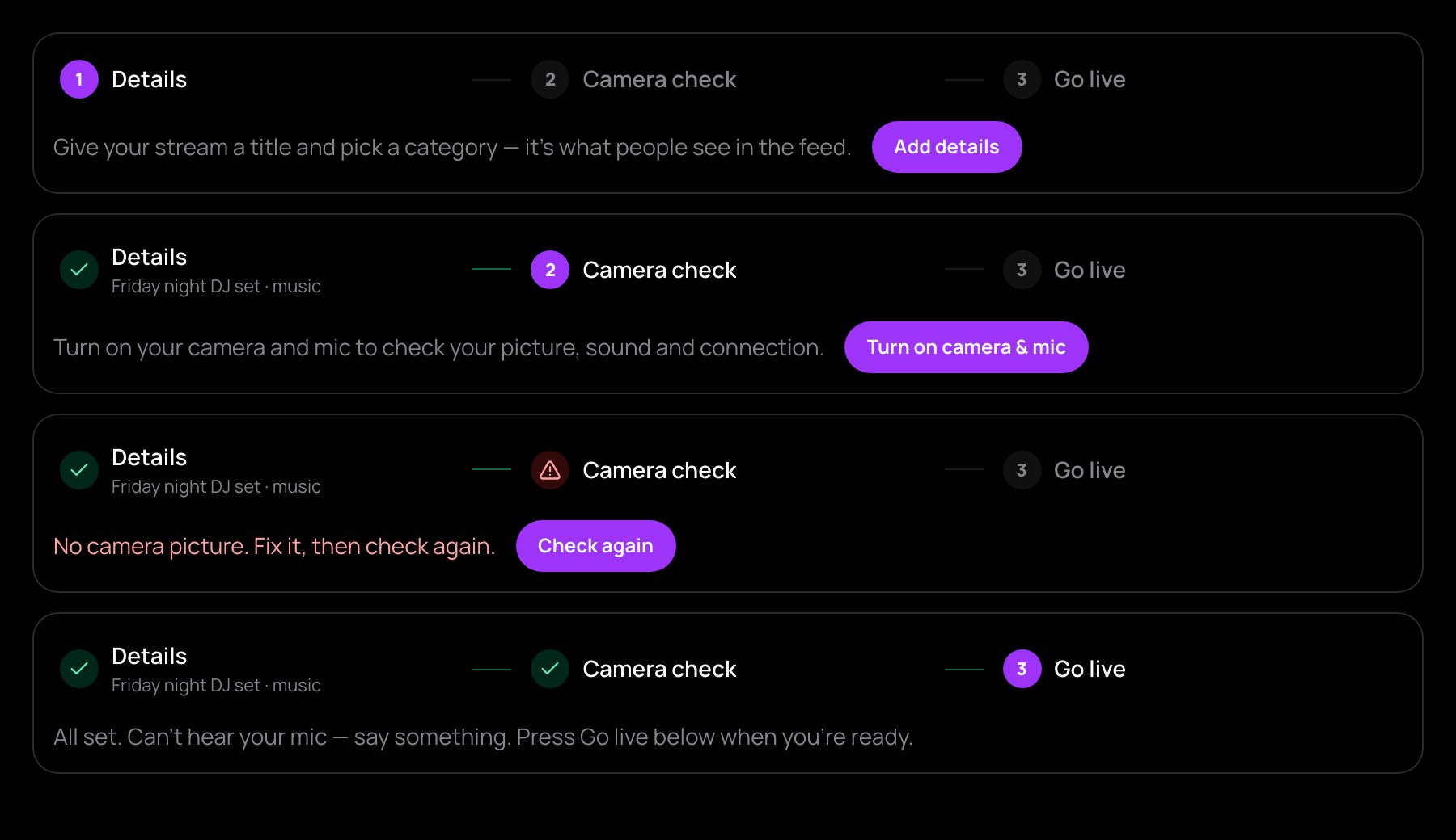 The go-live steps over the studio preview