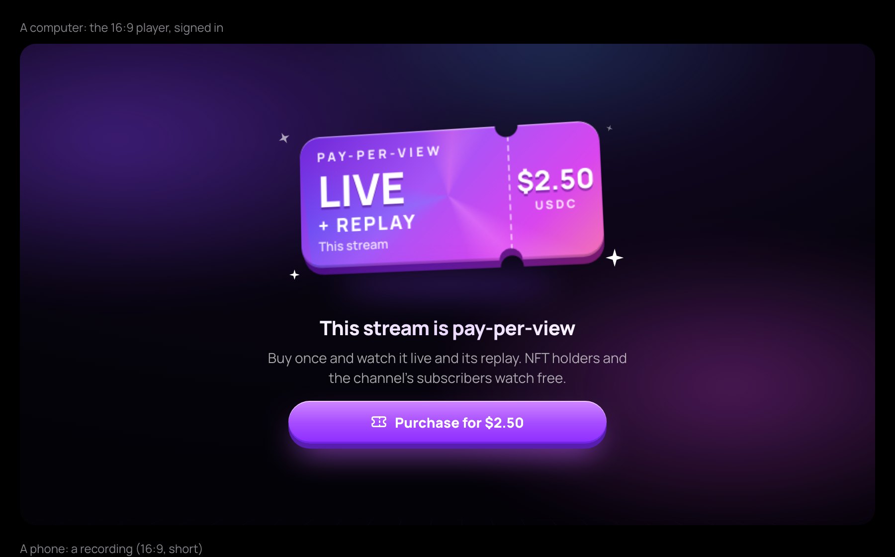 The pay-per-view ticket over the player, with the price and the Purchase button