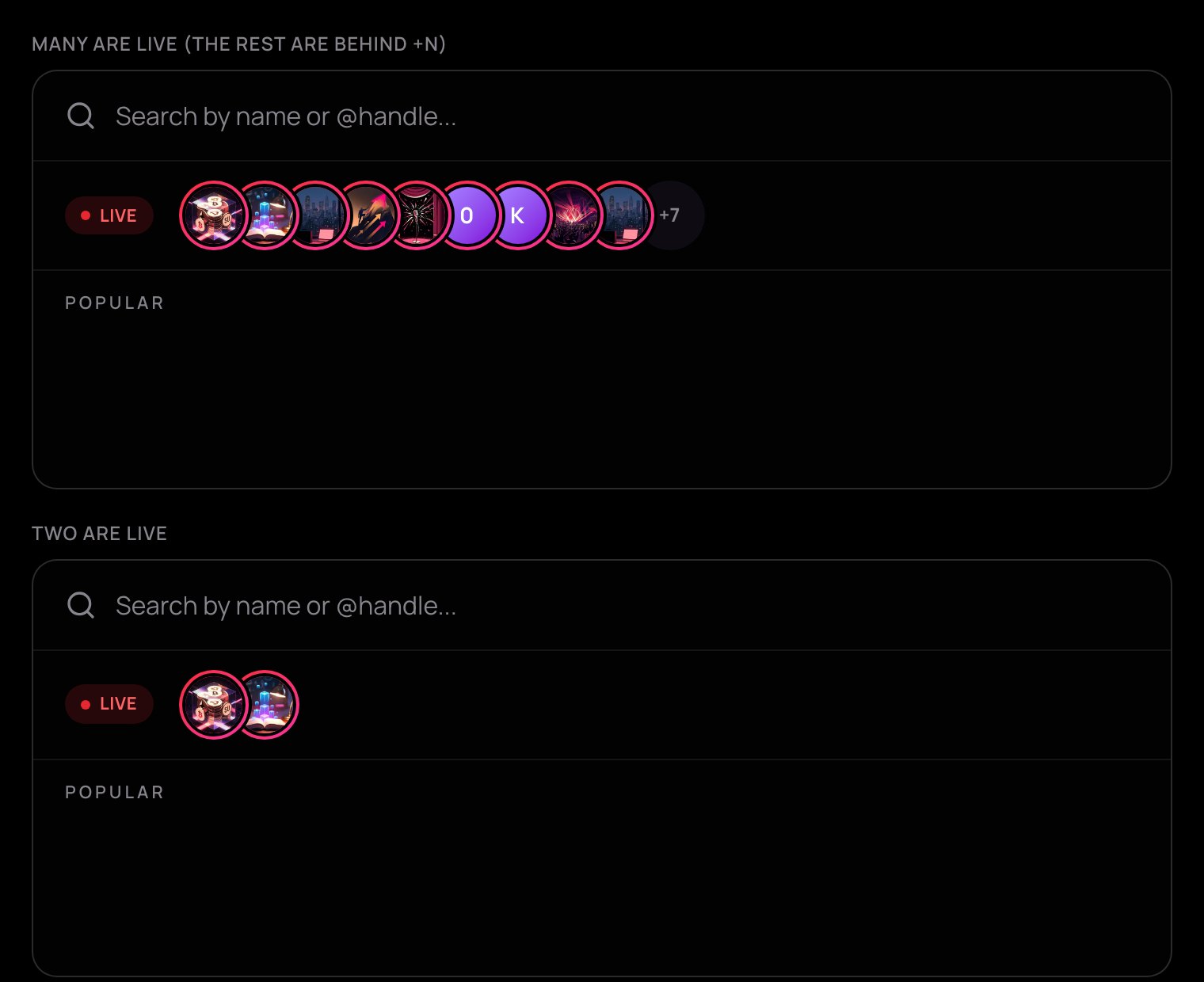 The search with the line of creators who are live, one face showing its stream's card