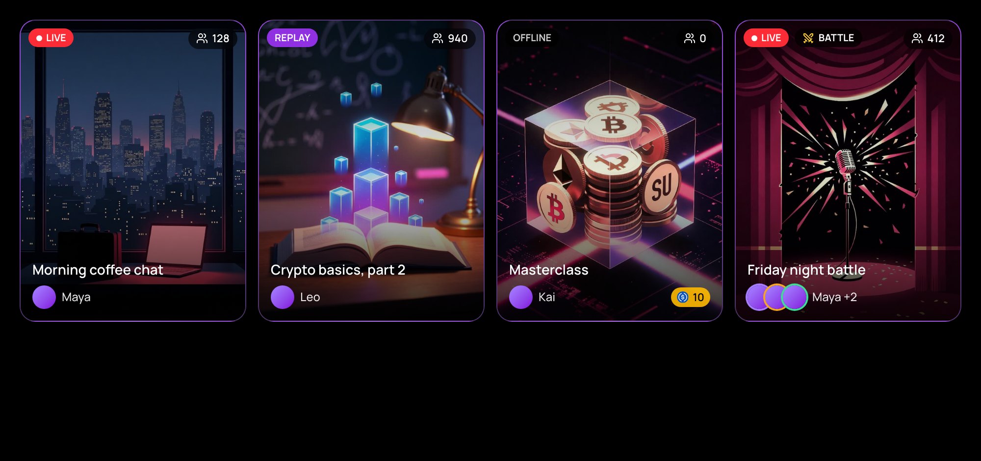 Stream cards with the LIVE, REPLAY and Battle marks and a price