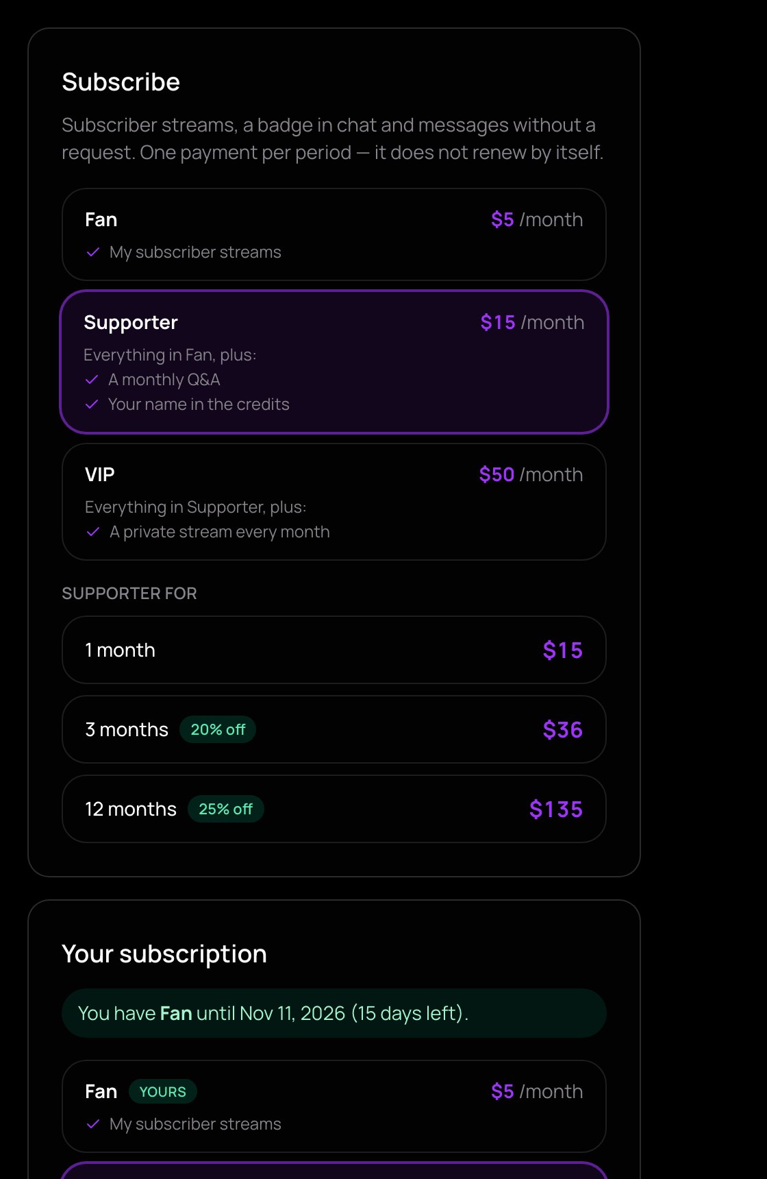 The subscribe window with three tiers and the periods of the chosen tier