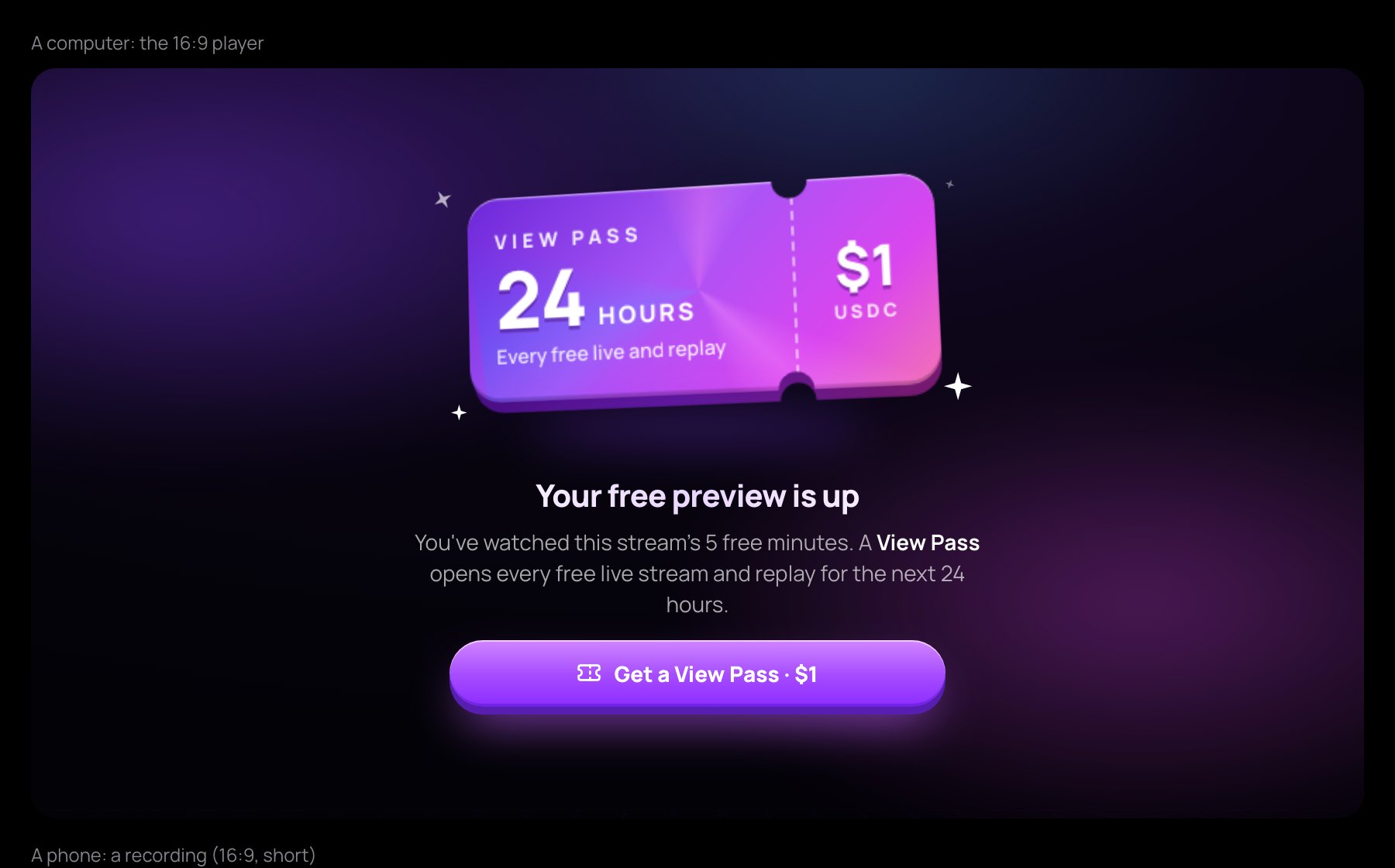 The View Pass ticket that replaces the player when the free preview is up